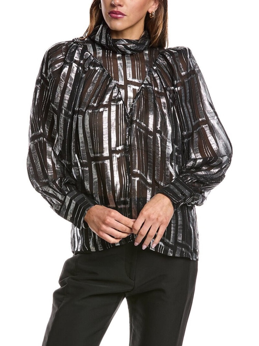 IRO Paris Claireta Silk-Blend Metallic Blouse Black/Silver EU 34 US 2 NWT
